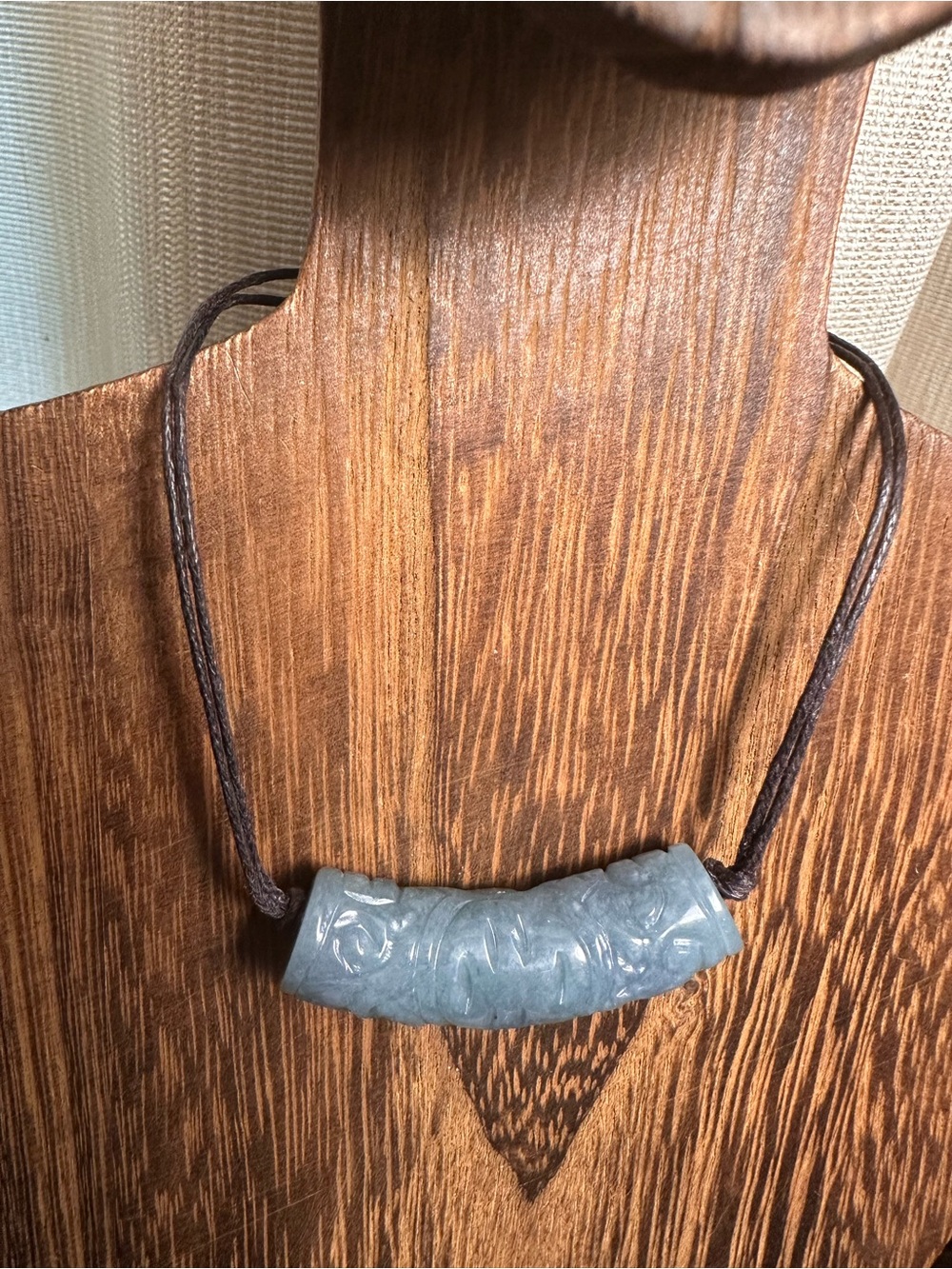 Green Jade Barrel Necklace on Brown Rope - Picture 11 of 16
